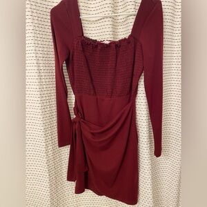 Deep wine, burgundy long sleeve cotton dress with wrap skirt